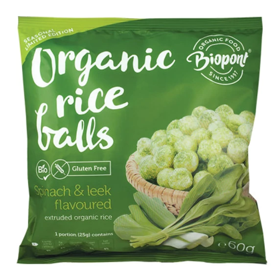 Biopont Extrudált Rizsgolyó spenót-póréhagyma gluténm. 60g